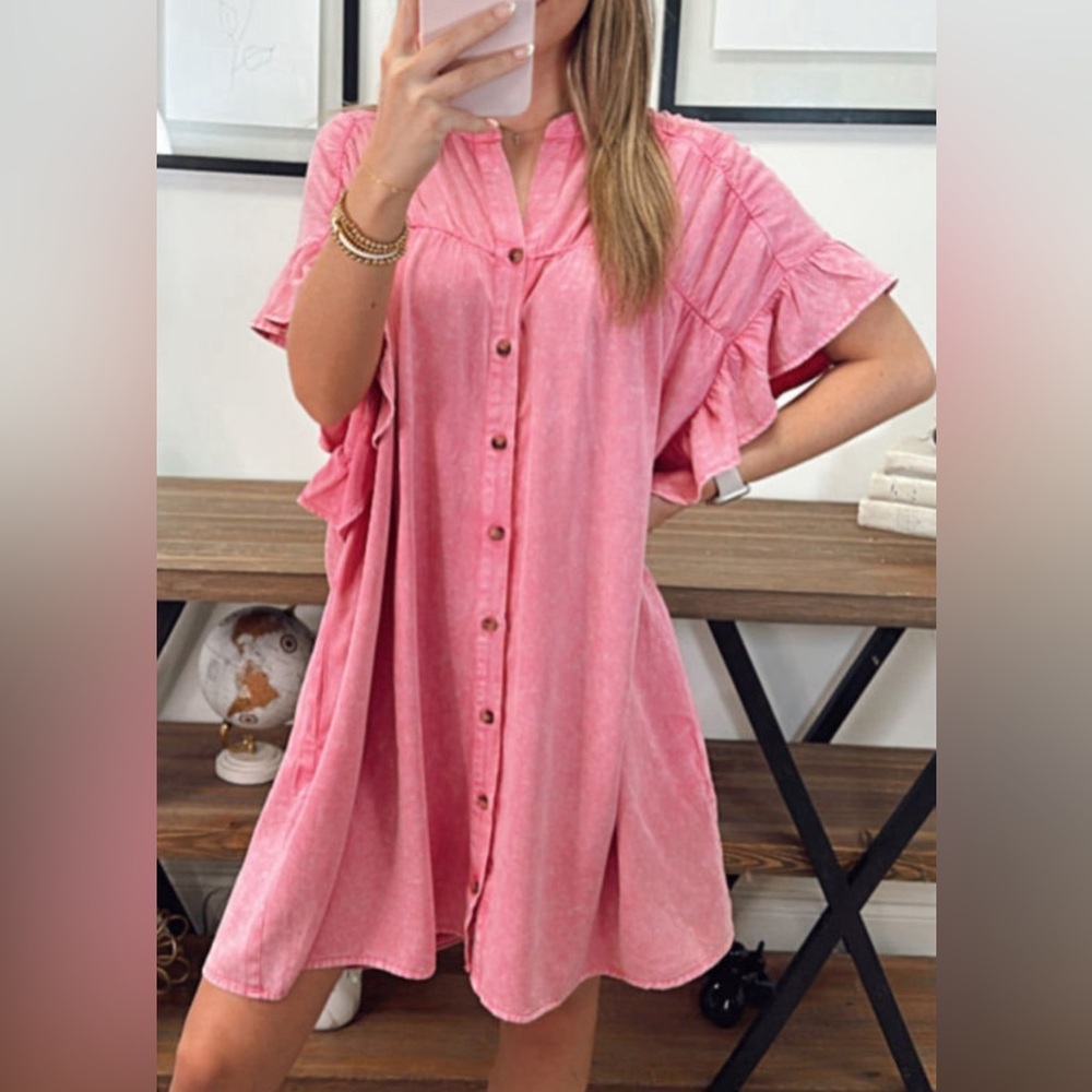 *NEW* Pink Chambray Ruffle Button-Down Boho Dress | Sizes L, XL